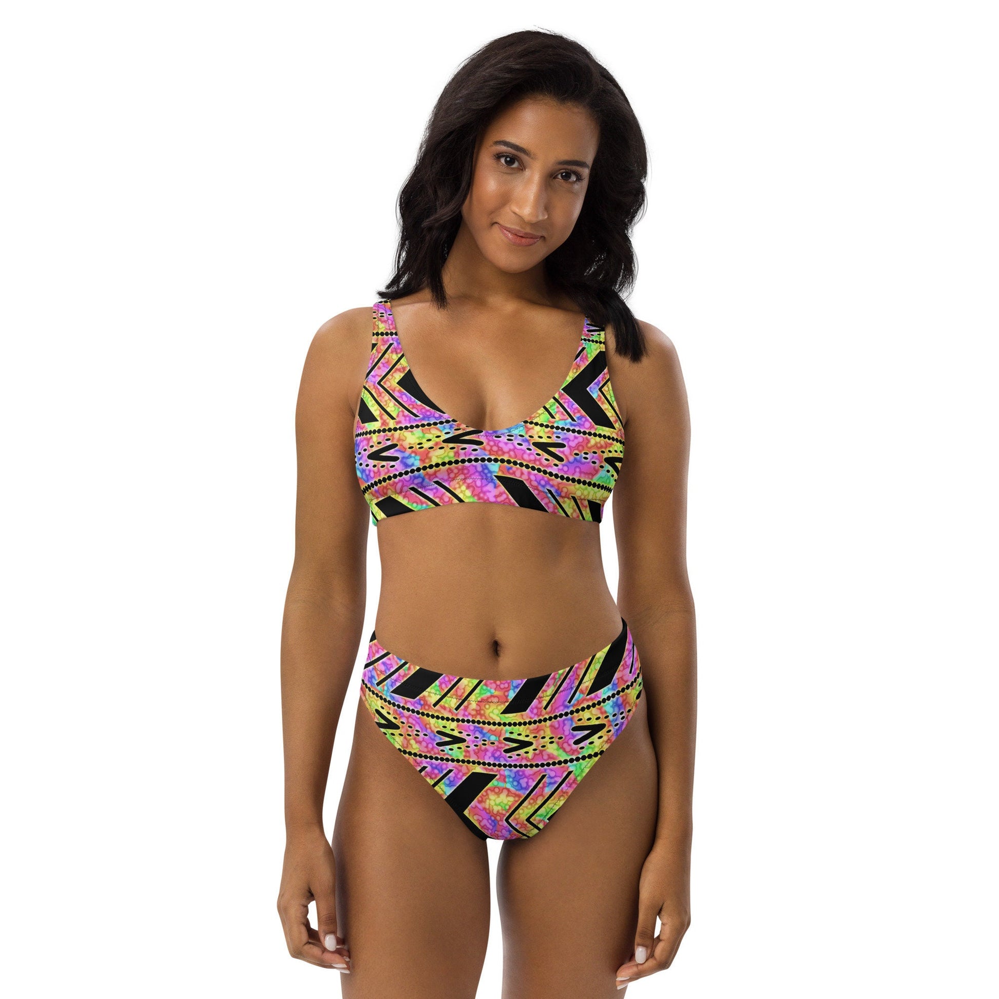 Rainbow African Mud Cloth Print  high-waisted bikini