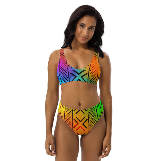 rainbow African Mud Cloth Print high-waisted bikini