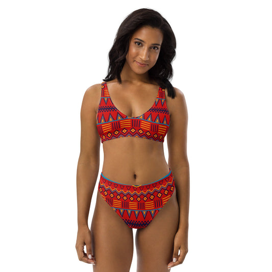 Afrocentric Mud Cloth Print high-waisted bikini.