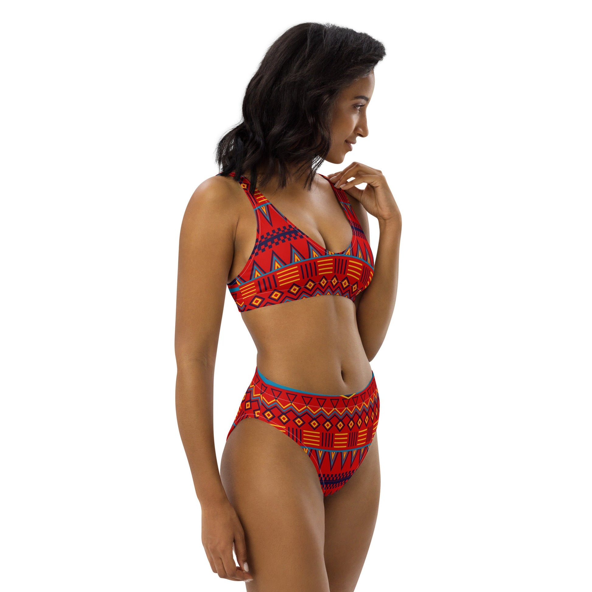 Afrocentric Mud Cloth Print high-waisted bikini.