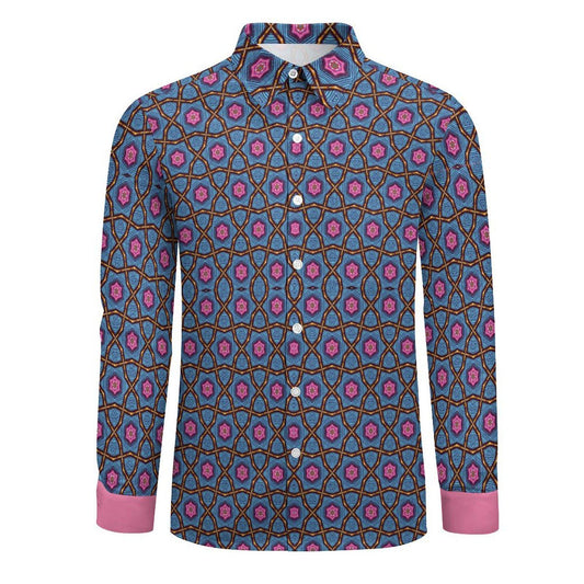 Nostalgia - Mens - Long Sleeve Button Up Shirt with Pocket - African - Agoh Pattern - (Pink/Blue) - T-shirts - KumbatiaKulture