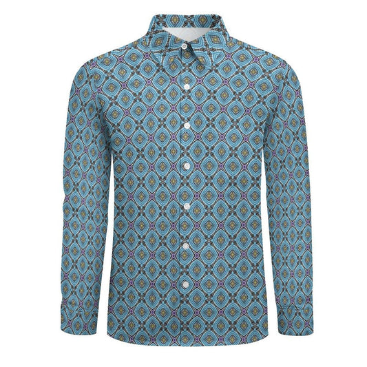 Ocean - Mens - Long Sleeve Button Up Shirt with Pocket - African - Agoh pattern - T-shirts - KumbatiaKulture