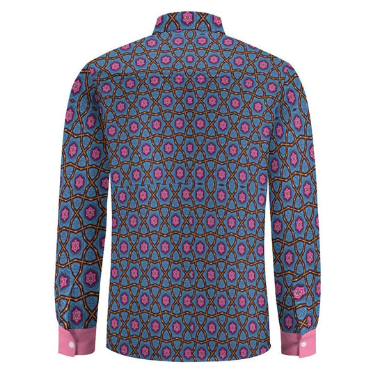 Nostalgia - Mens - Long Sleeve Button Up Shirt with Pocket - African - Agoh Pattern - (Pink/Blue) - T-shirts - KumbatiaKulture