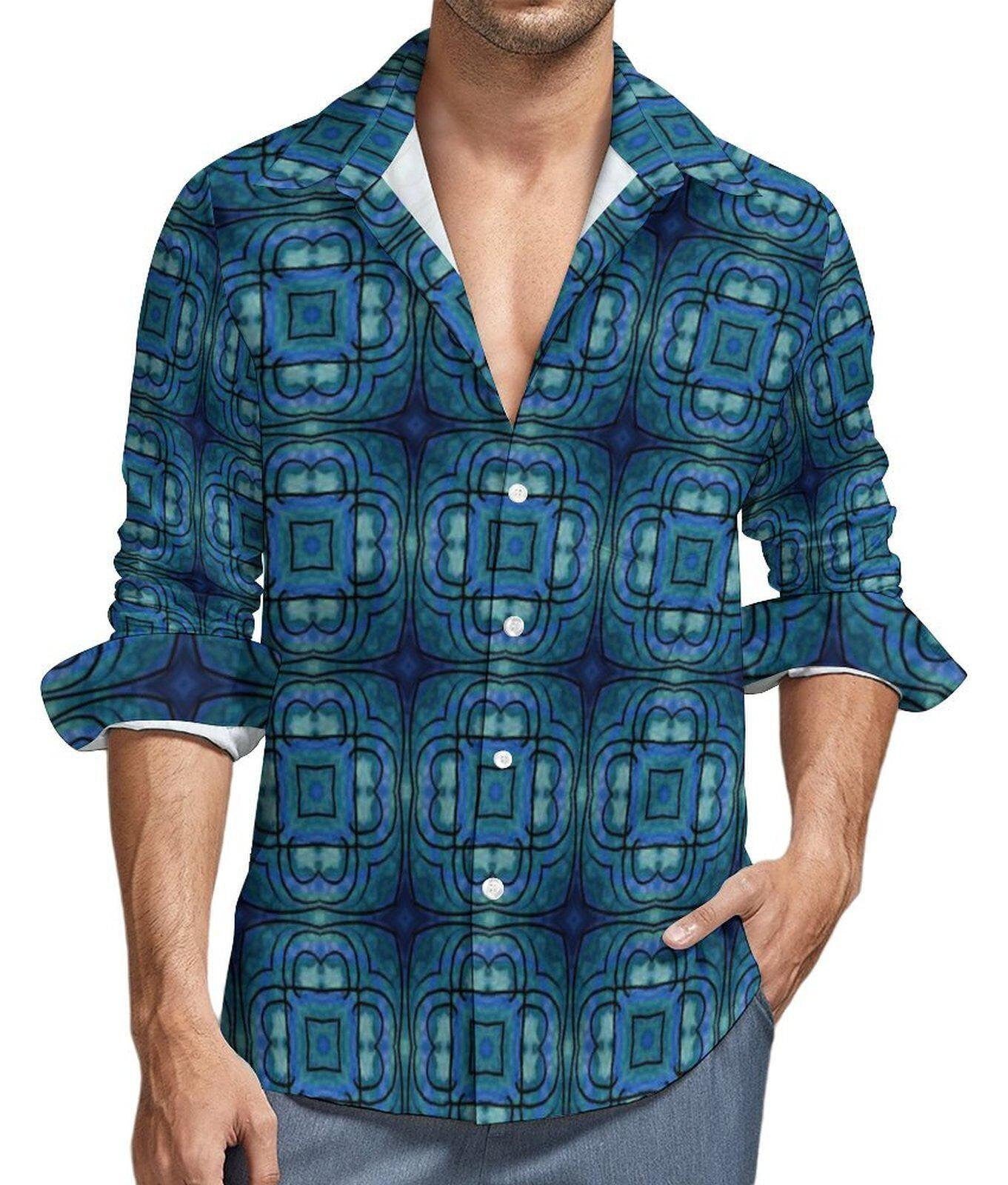 Kaleidoscope - Mens - Long Sleeve Button Up Shirt with Pocket - African - Agoh Pattern - T-shirts - KumbatiaKulture