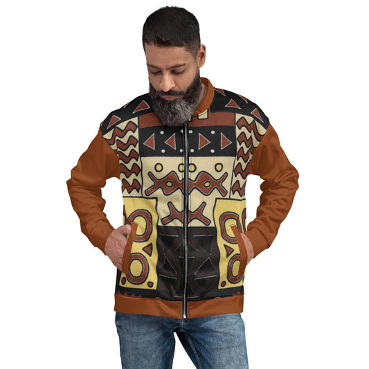 Afrocentric Tan/ Brown Trible Print Mens Bomber Jacket