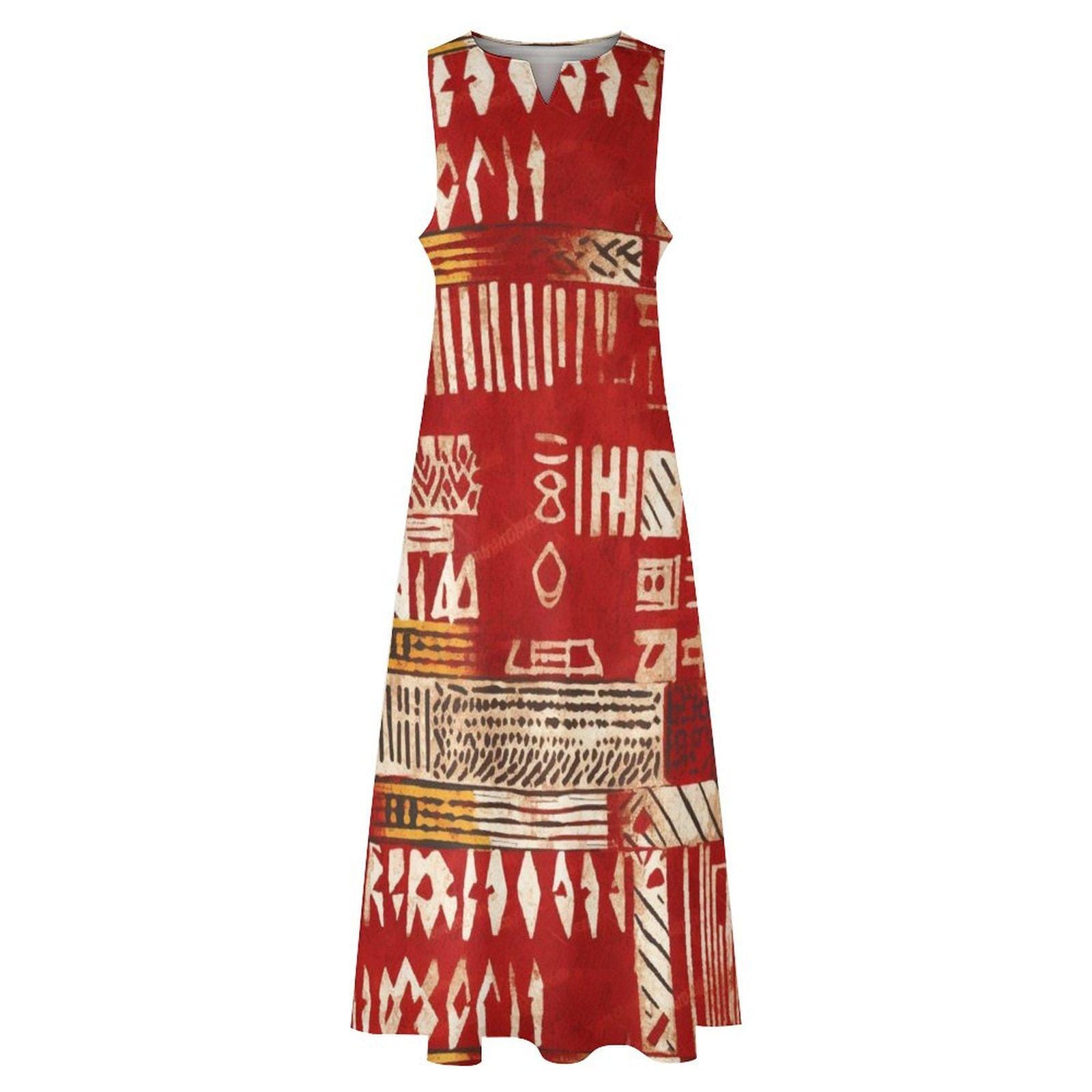 Red Haven -  Womens - Sleeveless Ankle-length Dress - African - Mud cloth Pattern