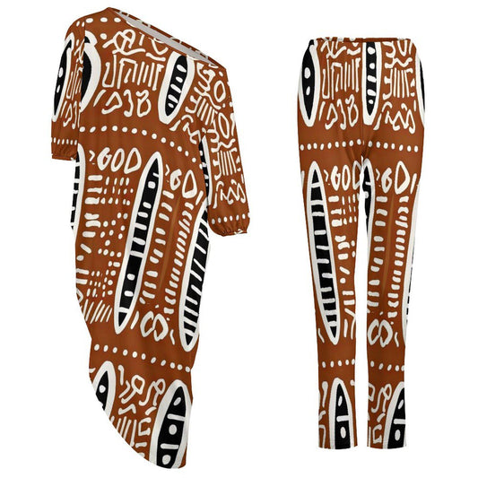 Rich Earth - Womens- Shoulder - Kurta - Kurti - Two Piece Set - African Mud Cloth Pattern - Suits - KumbatiaKulture