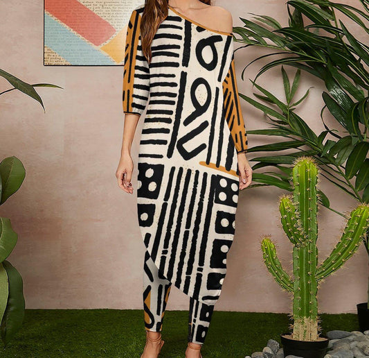 Afrocentric - Women - Shoulder - Kurti - Kurta - Two Piece Set - African - Mud Cloth Pattern