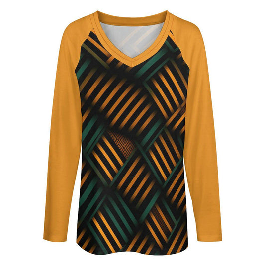 Golden Pillars - Womens - V-neck Loose Long Sleeve Shirt - African - Kente Pattern - T-shirts - KumbatiaKulture