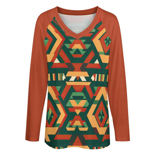Watercolor - Womens - V-neck Loose Long Sleeve Shirt - African - Kente Pattern - T-shirts - KumbatiaKulture