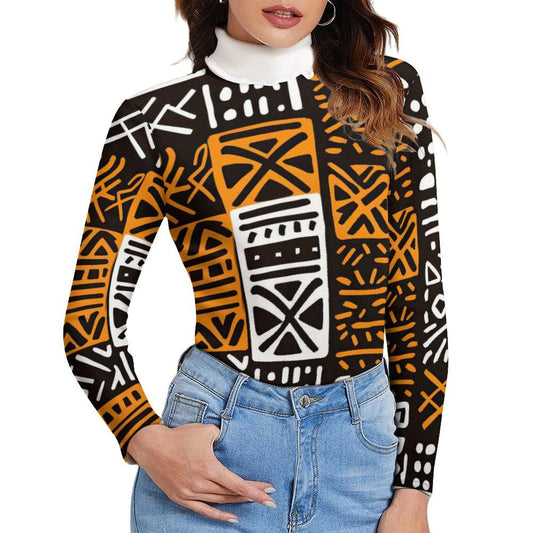 Womens - Long Sleeve Turtleneck Sweater - African - Mud cloth Pattern - Sweatshirts - KumbatiaKulture