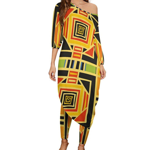 Electric - Shoulder - Kurta - Kurti - Two Piece Set- African - Kente Pattern