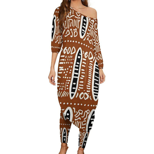 Rich Earth - Womens- Shoulder - Kurta - Kurti - Two Piece Set - African Mud Cloth Pattern - Suits - KumbatiaKulture