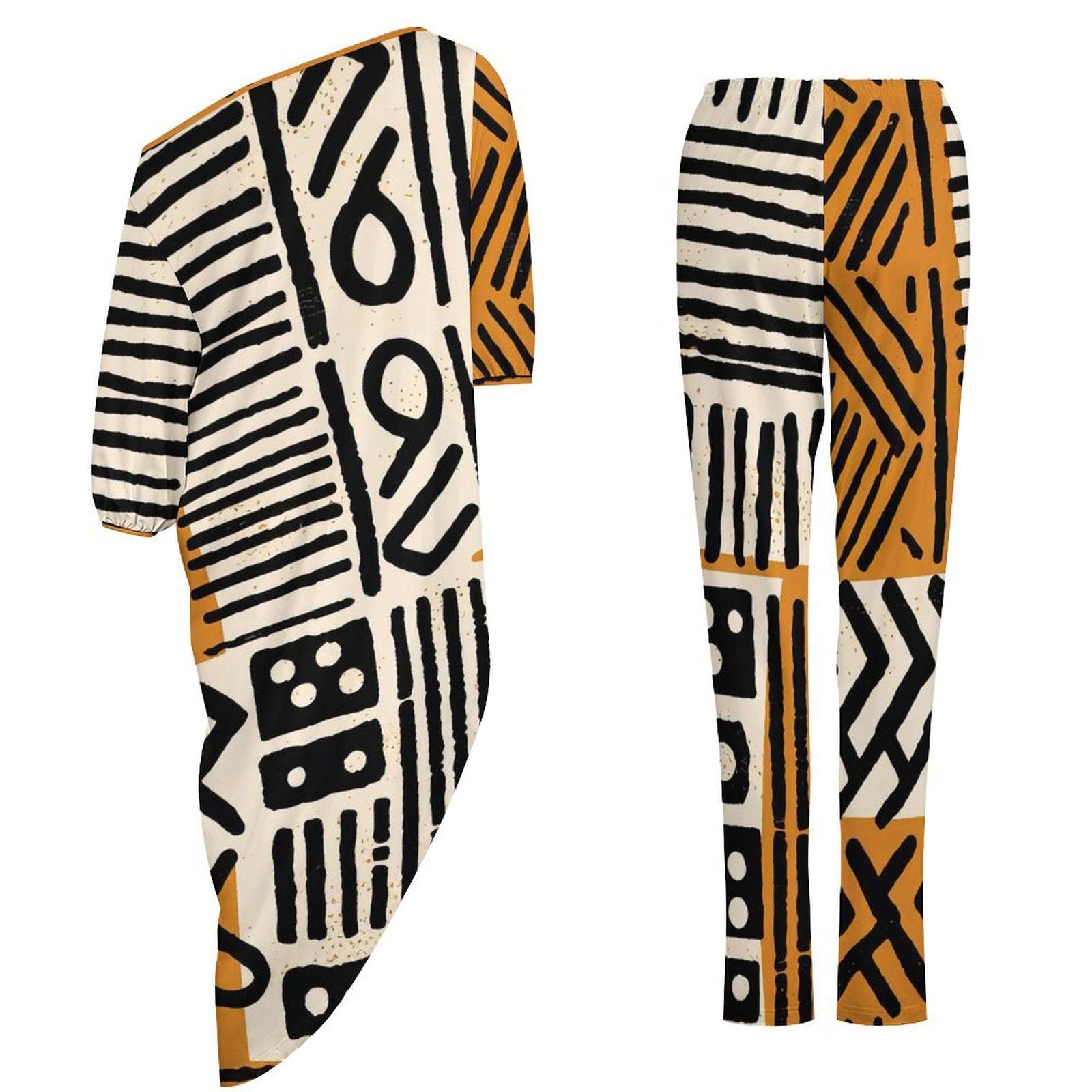 Afrocentric - Women - Shoulder - Kurti - Kurta - Two Piece Set - African - Mud Cloth Pattern