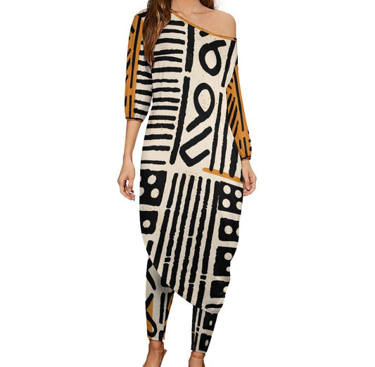Afrocentric - Women - Shoulder - Kurti - Kurta - Two Piece Set - African - Mud Cloth Pattern