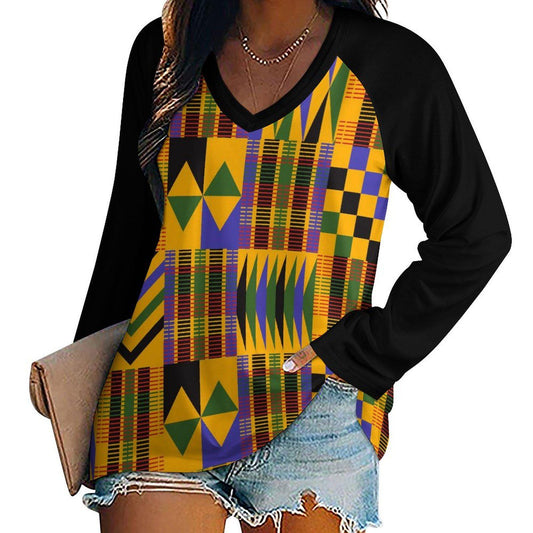Roots - Womens - V-neck Loose Long Sleeve Shirt - African - Kente Pattern - T-shirts - KumbatiaKulture