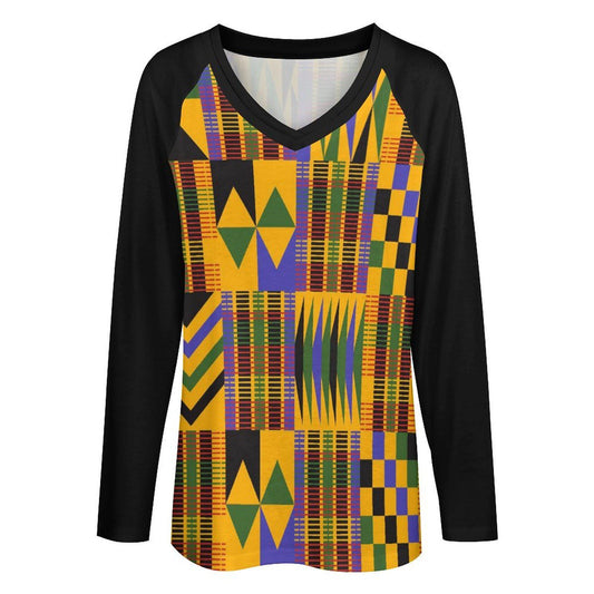 Roots - Womens - V-neck Loose Long Sleeve Shirt - African - Kente Pattern - T-shirts - KumbatiaKulture