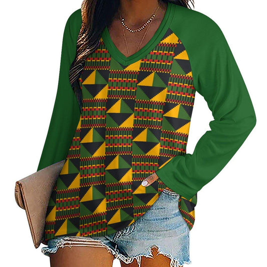 Pyramid - Womens - V-neck Loose Long Sleeve Shirt - African - Kente Pattern - T-shirts - KumbatiaKulture