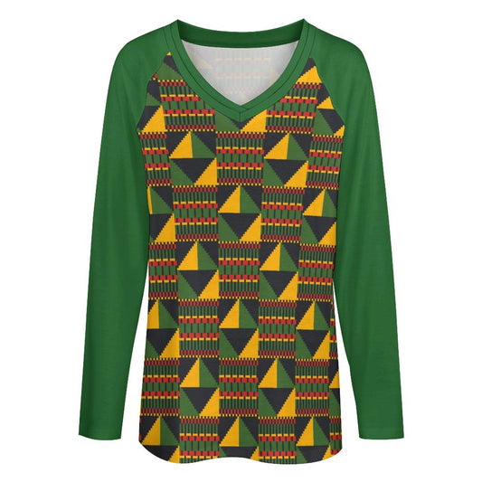Pyramid - Womens - V-neck Loose Long Sleeve Shirt - African - Kente Pattern - T-shirts - KumbatiaKulture