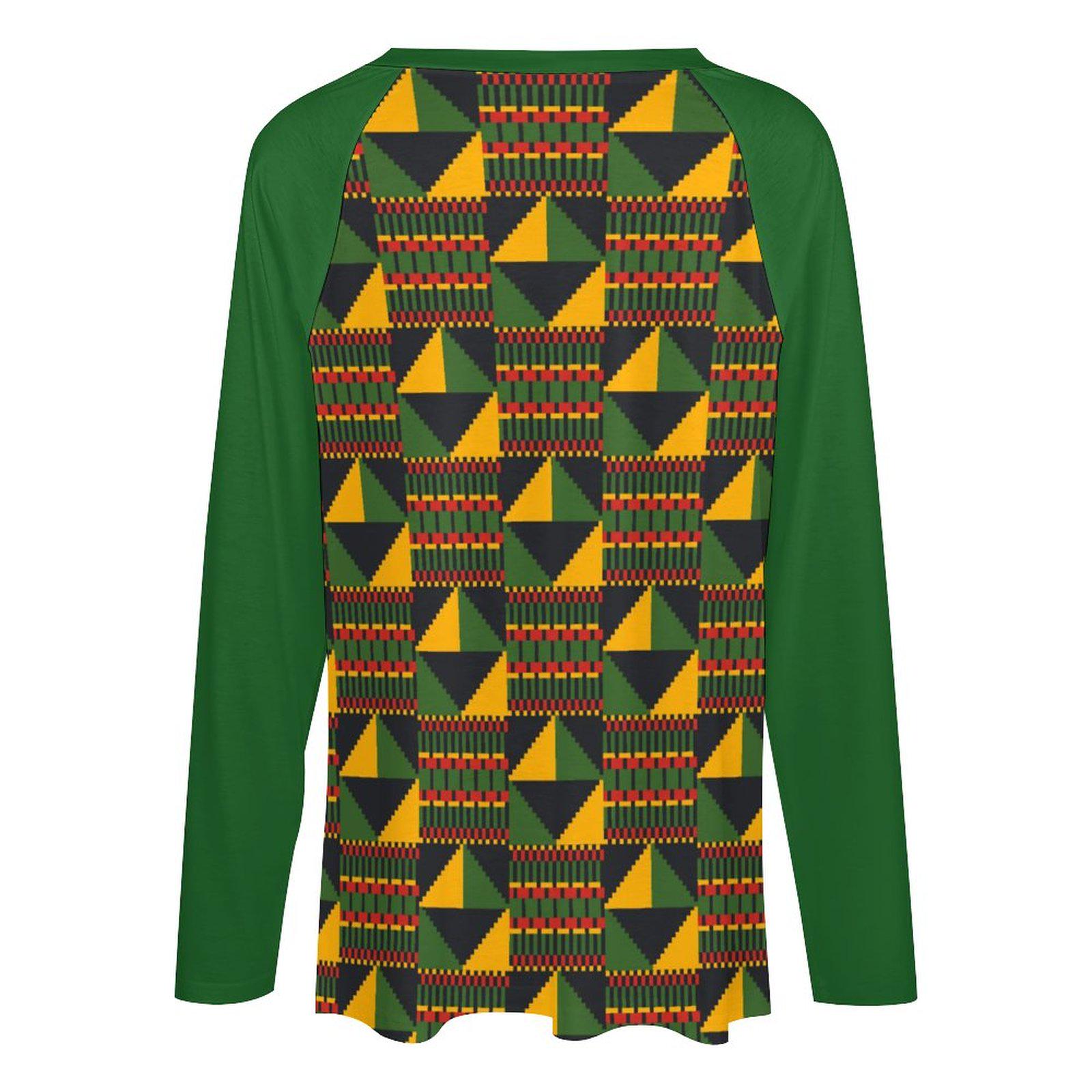Pyramid - Womens - V-neck Loose Long Sleeve Shirt - African - Kente Pattern - T-shirts - KumbatiaKulture