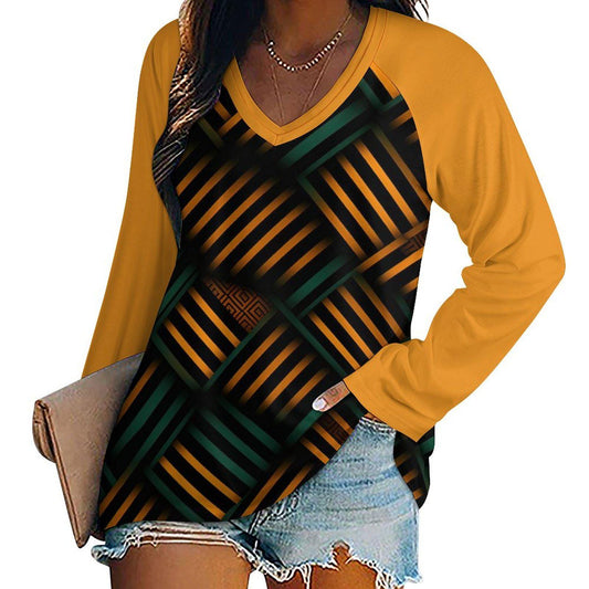 Golden Pillars - Womens - V-neck Loose Long Sleeve Shirt - African - Kente Pattern - T-shirts - KumbatiaKulture