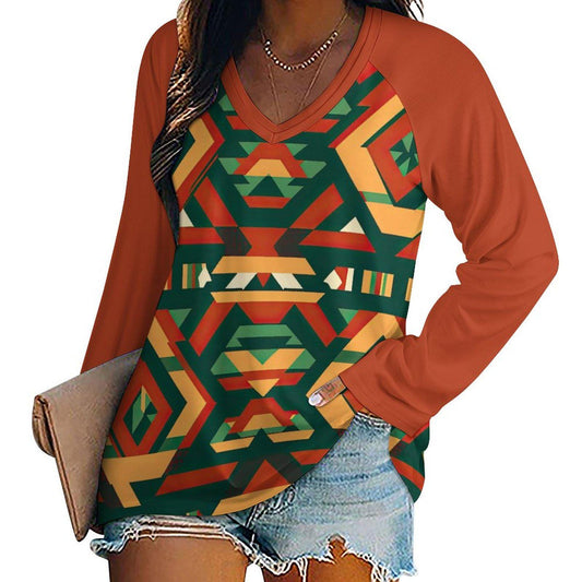 Watercolor - Womens - V-neck Loose Long Sleeve Shirt - African - Kente Pattern - T-shirts - KumbatiaKulture