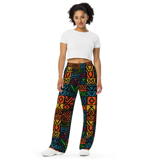 Kente - Pattern - Comfortable  - All-over print unisex wide-leg pants with Pockets - casual sport -leisure - sweatpants style