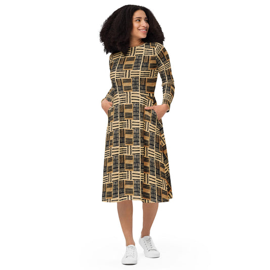 Nuetral - Mudcloth - African Pattern - long sleeve midi dress