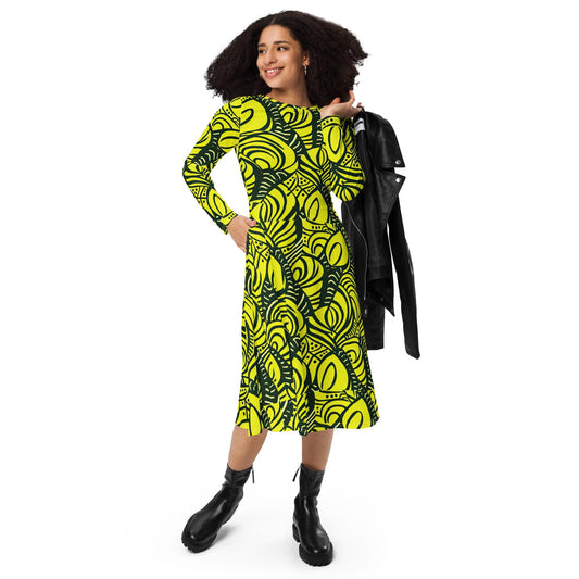 Green Gold - Ankara - African Pattern - long sleeve midi dress