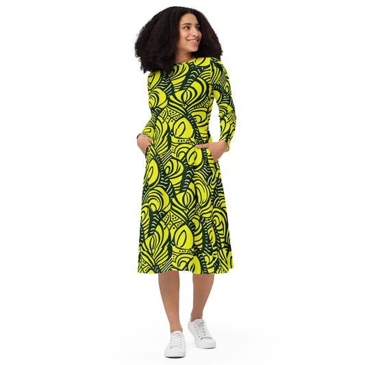 Green Gold - Ankara - African Pattern - long sleeve midi dress
