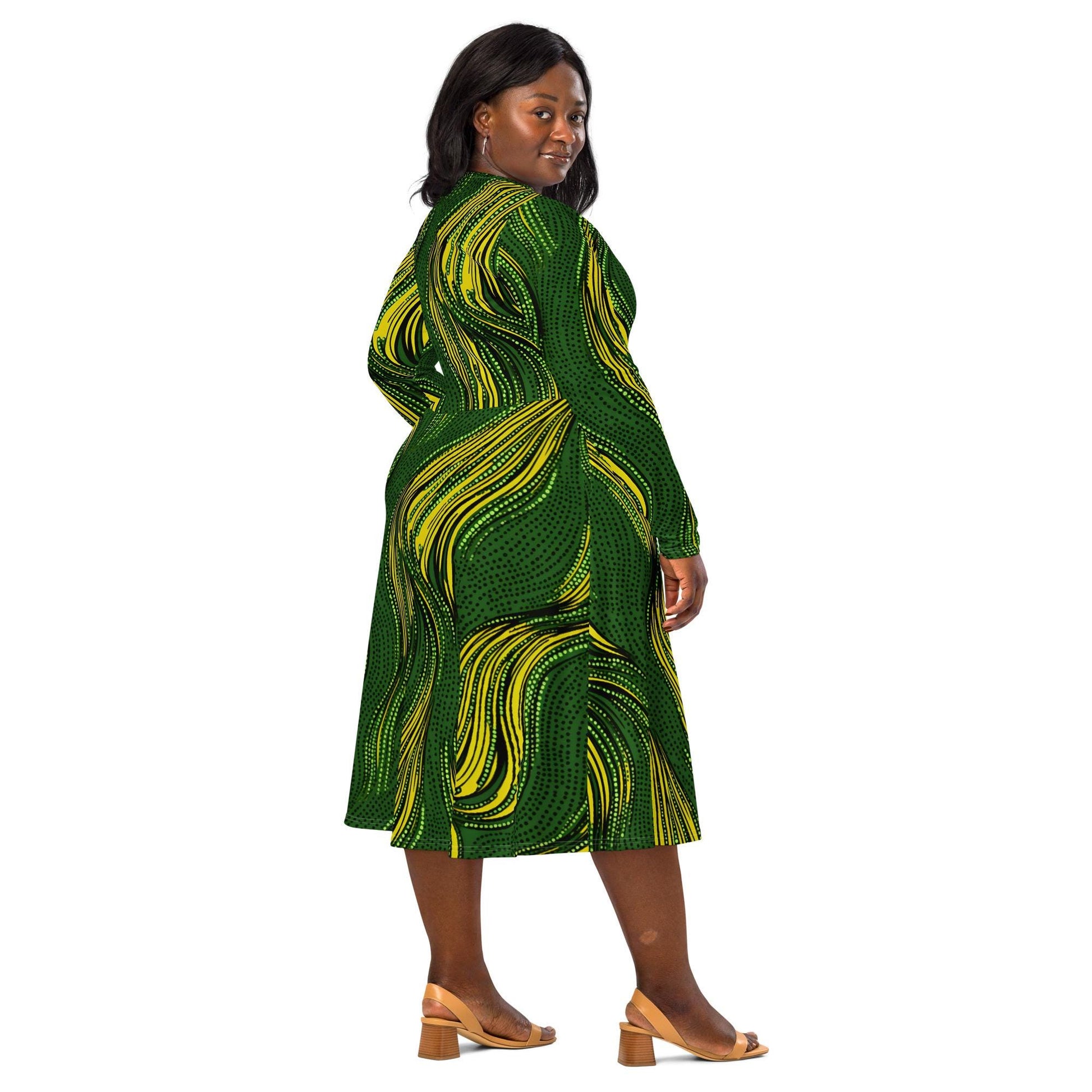 Green Gold - Ankara - African Pattern -long sleeve midi dress