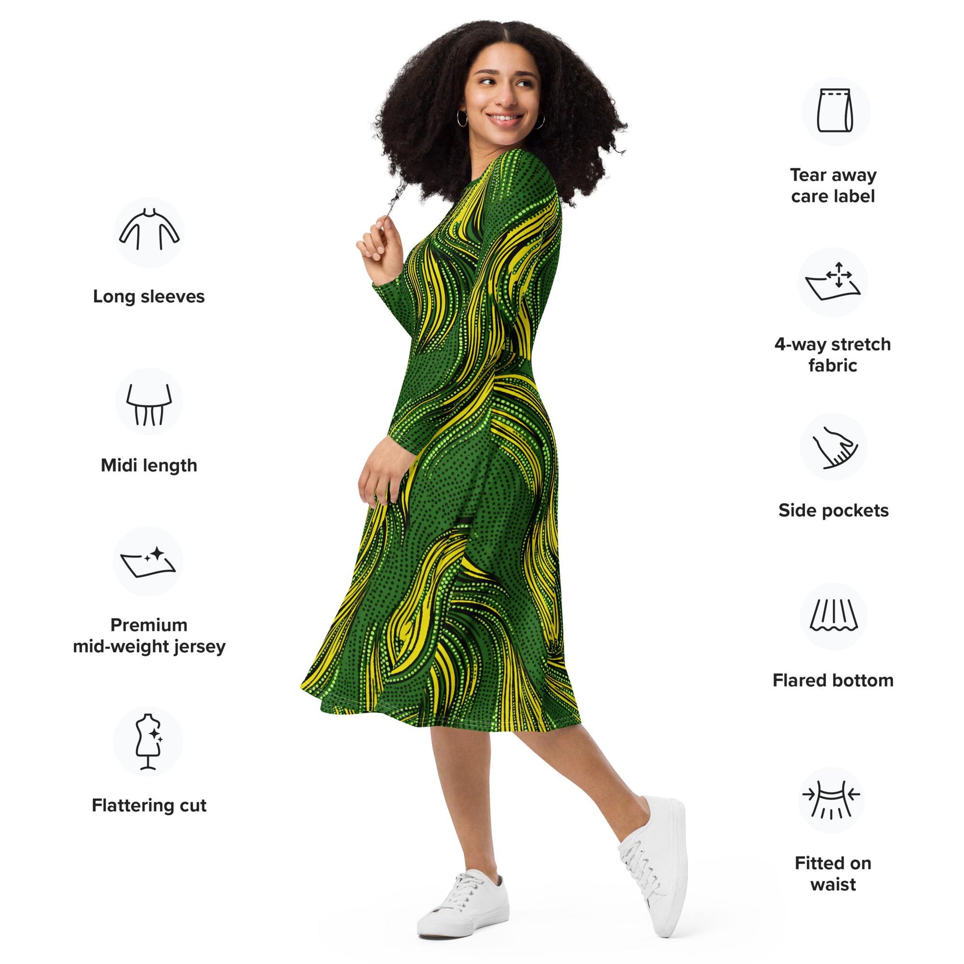 Green Gold - Ankara - African Pattern -long sleeve midi dress