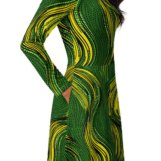 Green Gold - Ankara - African Pattern -long sleeve midi dress