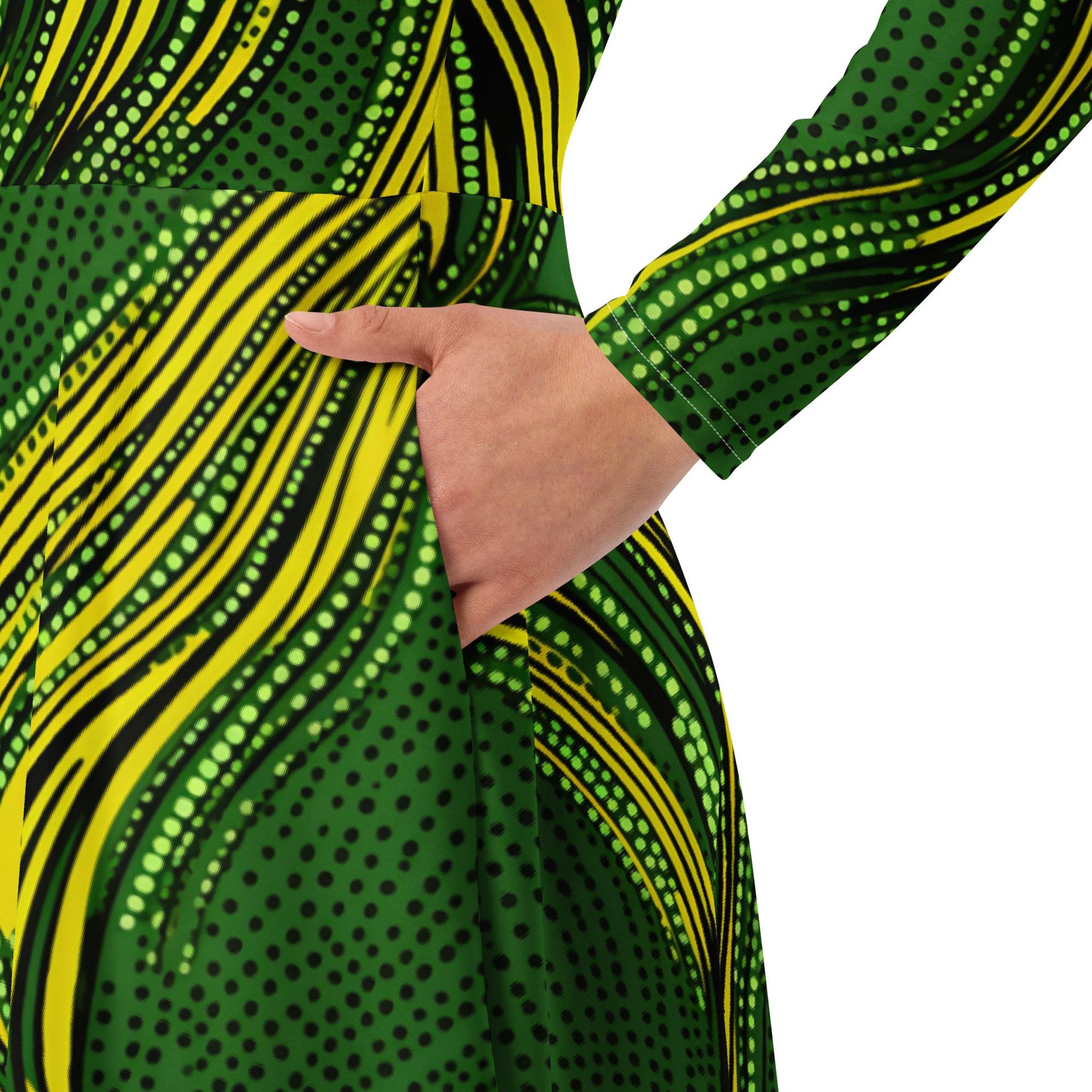 Green Gold - Ankara - African Pattern -long sleeve midi dress