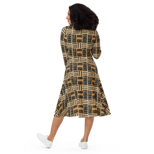 Nuetral - Mudcloth - African Pattern - long sleeve midi dress