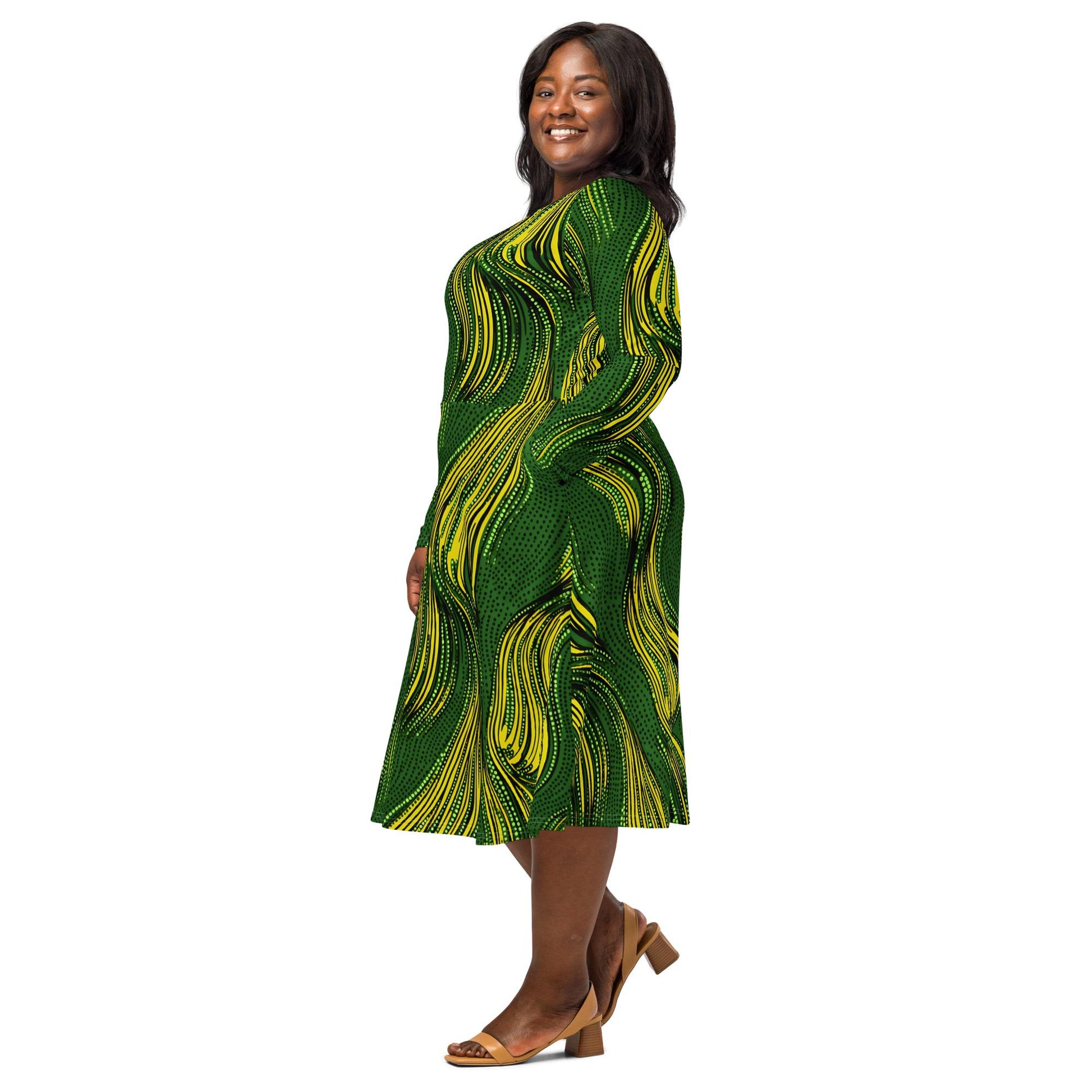 Green Gold - Ankara - African Pattern -long sleeve midi dress