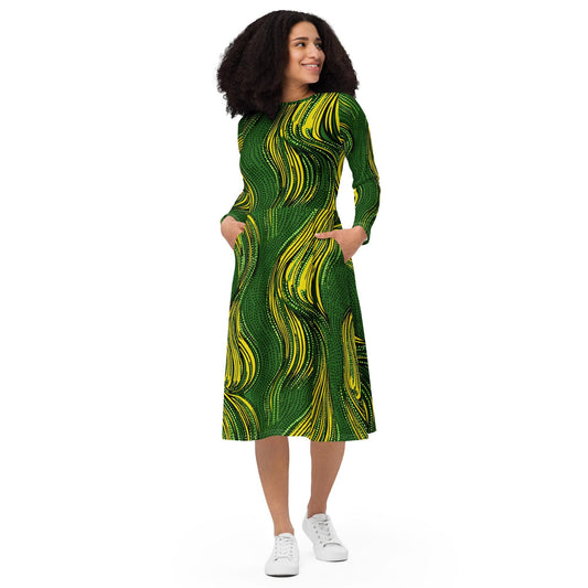 Green Gold - Ankara - African Pattern -long sleeve midi dress
